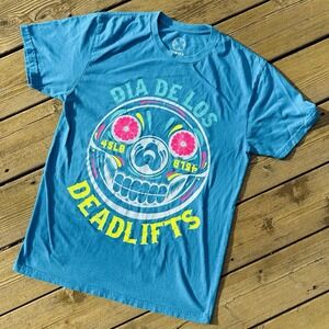 Dia De Los Deadlifts T Shirt Mens M Blue Sugar Skull Gym Deadlift Tee